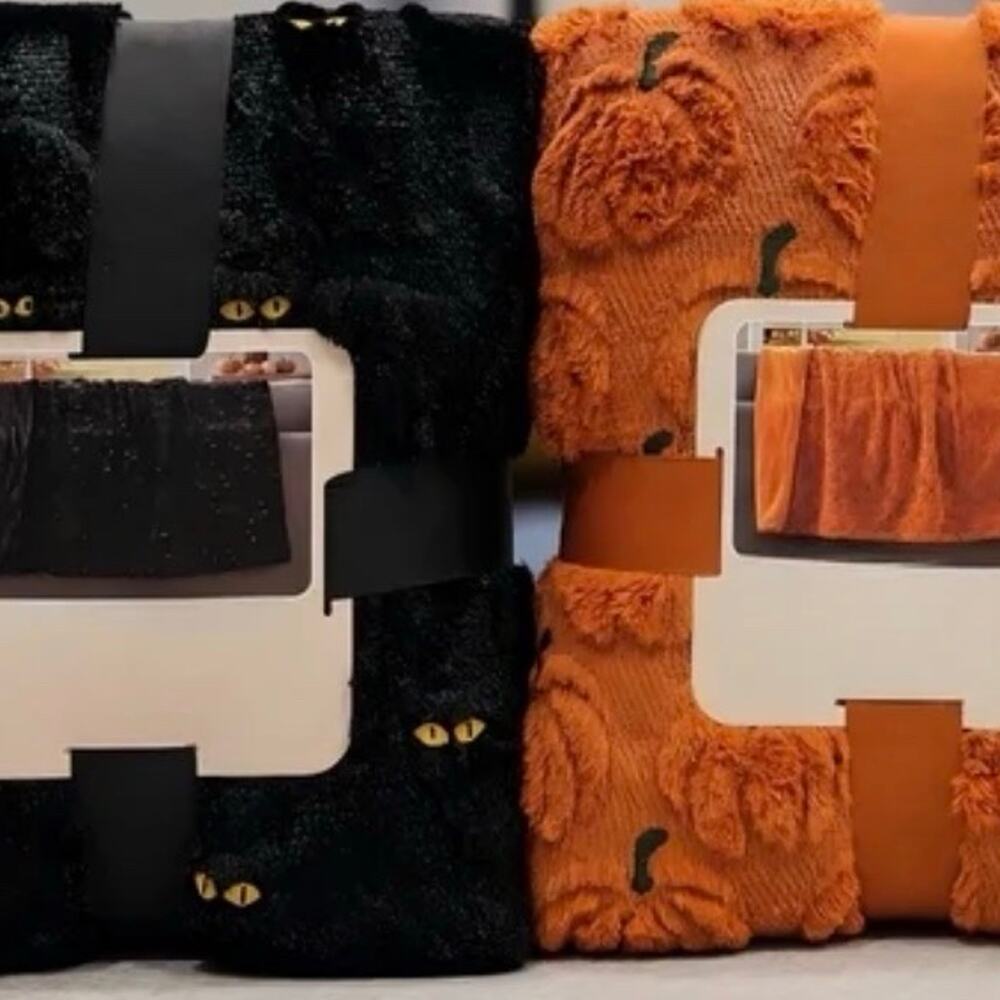 2 Halloween Pumpkin & Black Cat Plush Throw Blankets